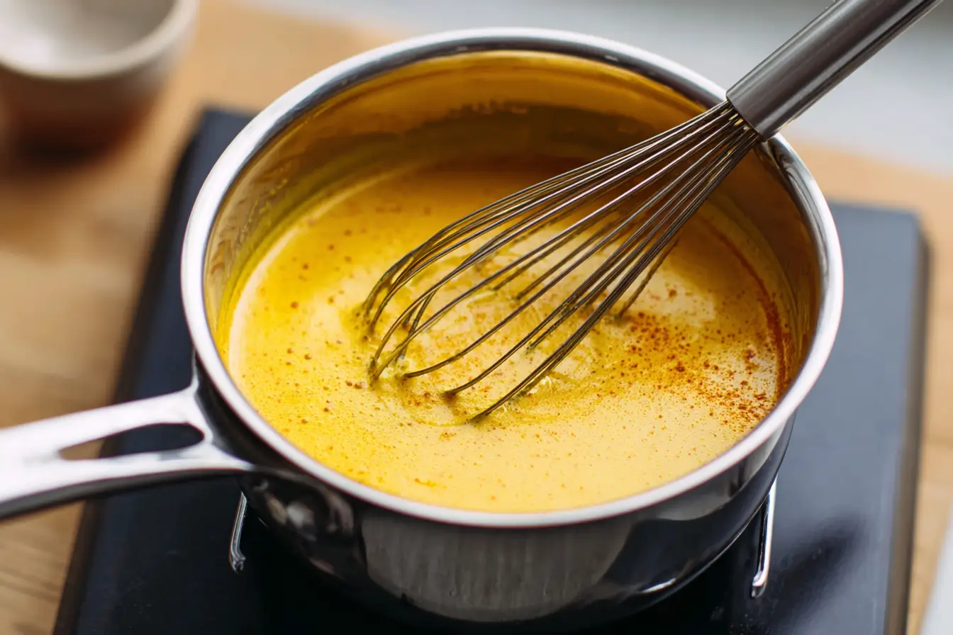 Turmeric golden milk recipe gently simmering in saucepan