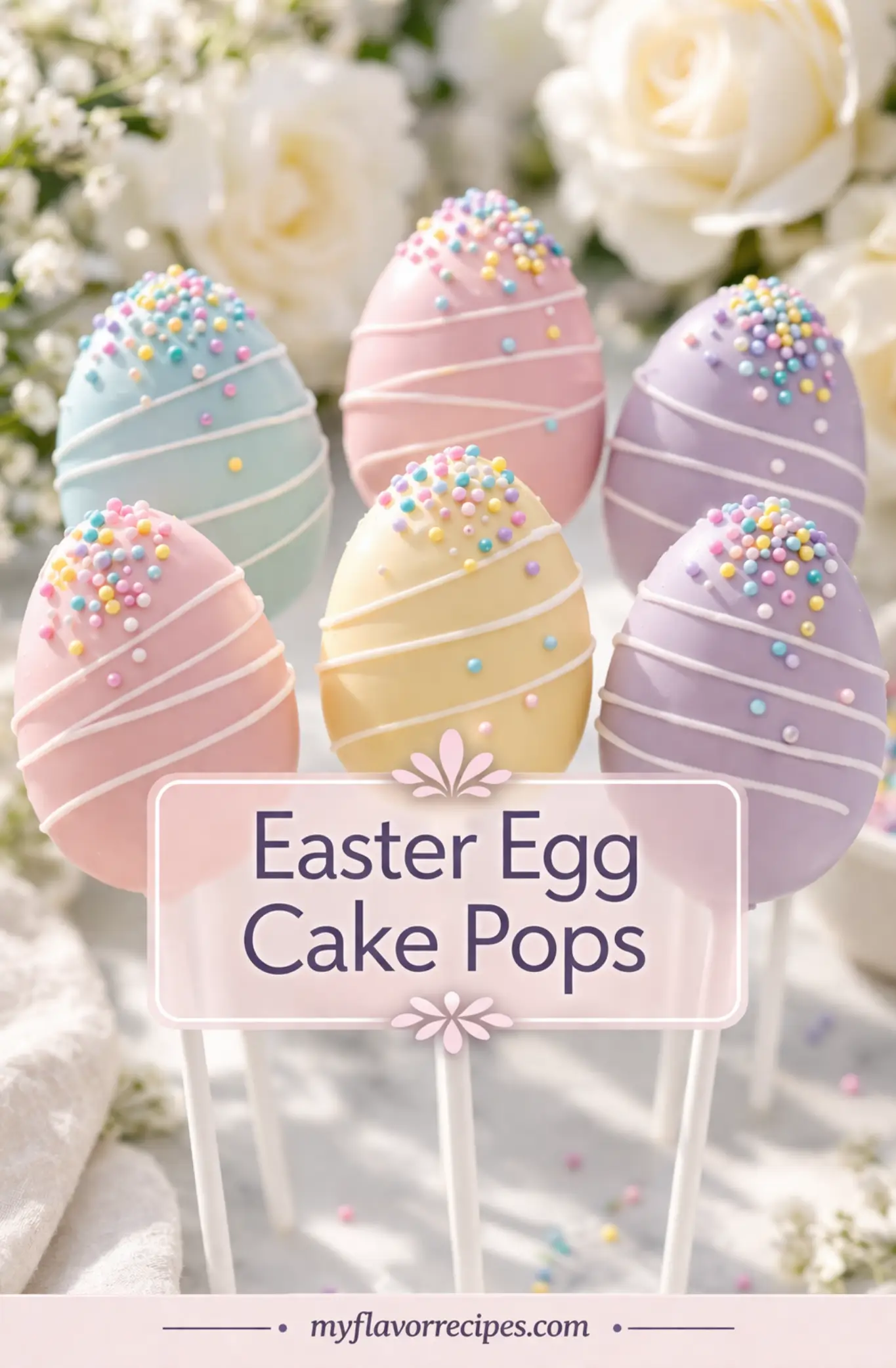 Pastel Easter egg cake pops with sprinkles and white drizzle on sticks, styled with soft floral background