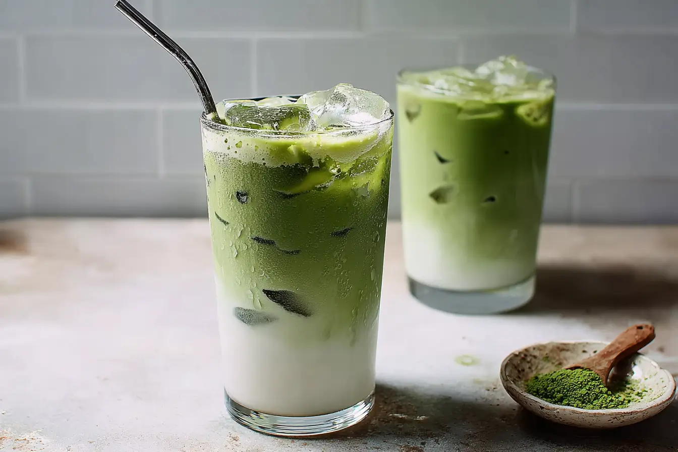 layered iced matcha latte with milk and green tea over ice in a glass