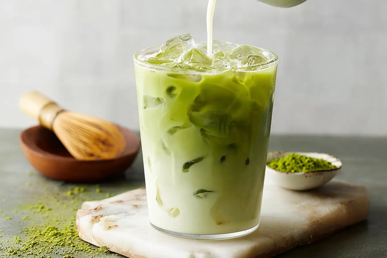 iced matcha latte with milk being poured over ice in a glass