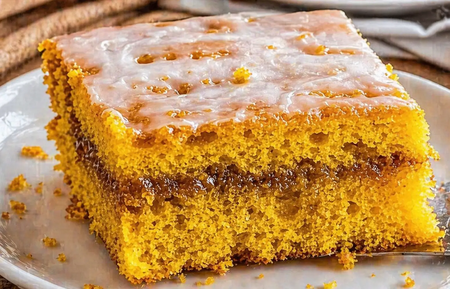 Moist pumpkin honey bun cake with cinnamon swirl and glaze on top