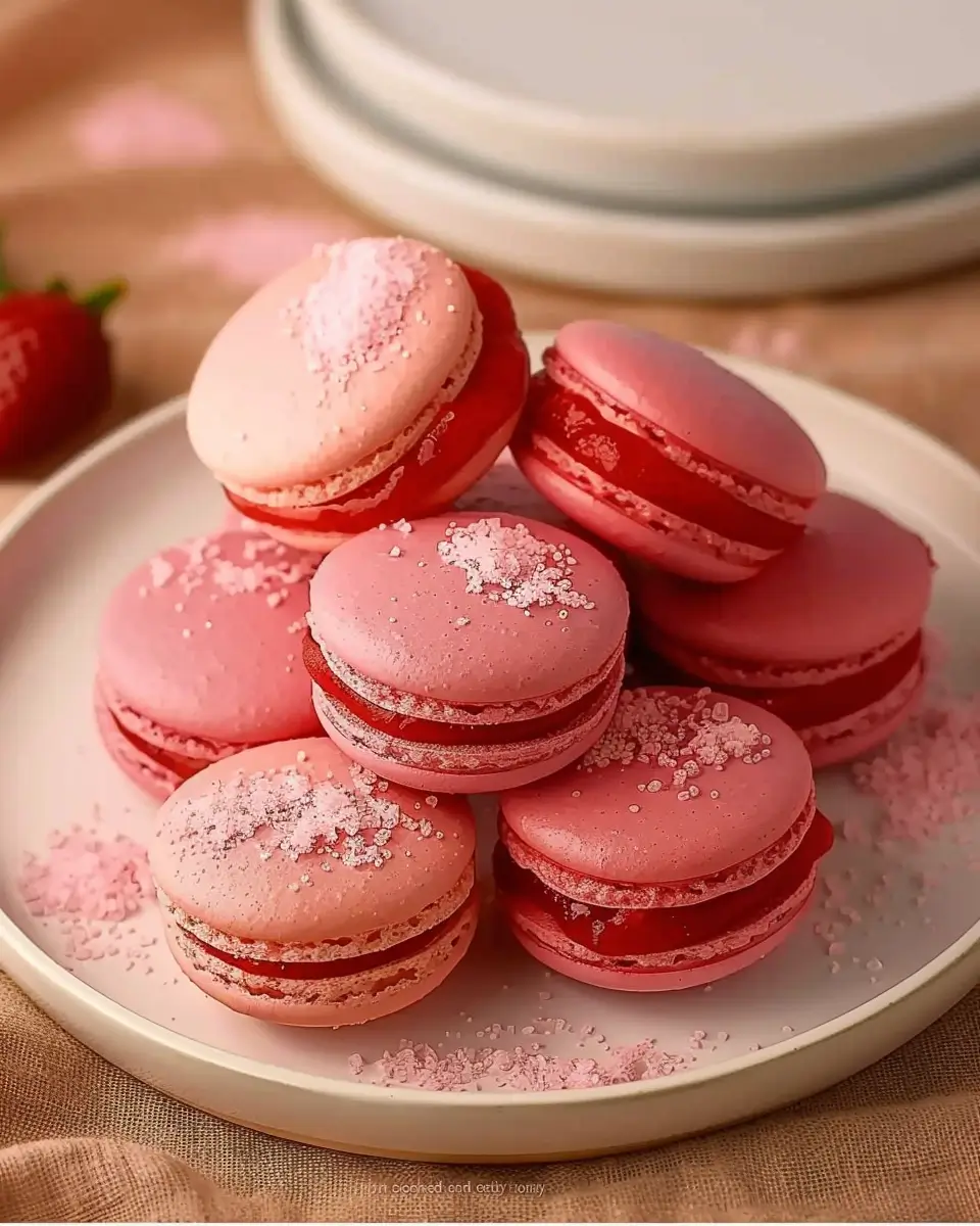 soft pink strawberry macarons filled with glossy red cream on a plate