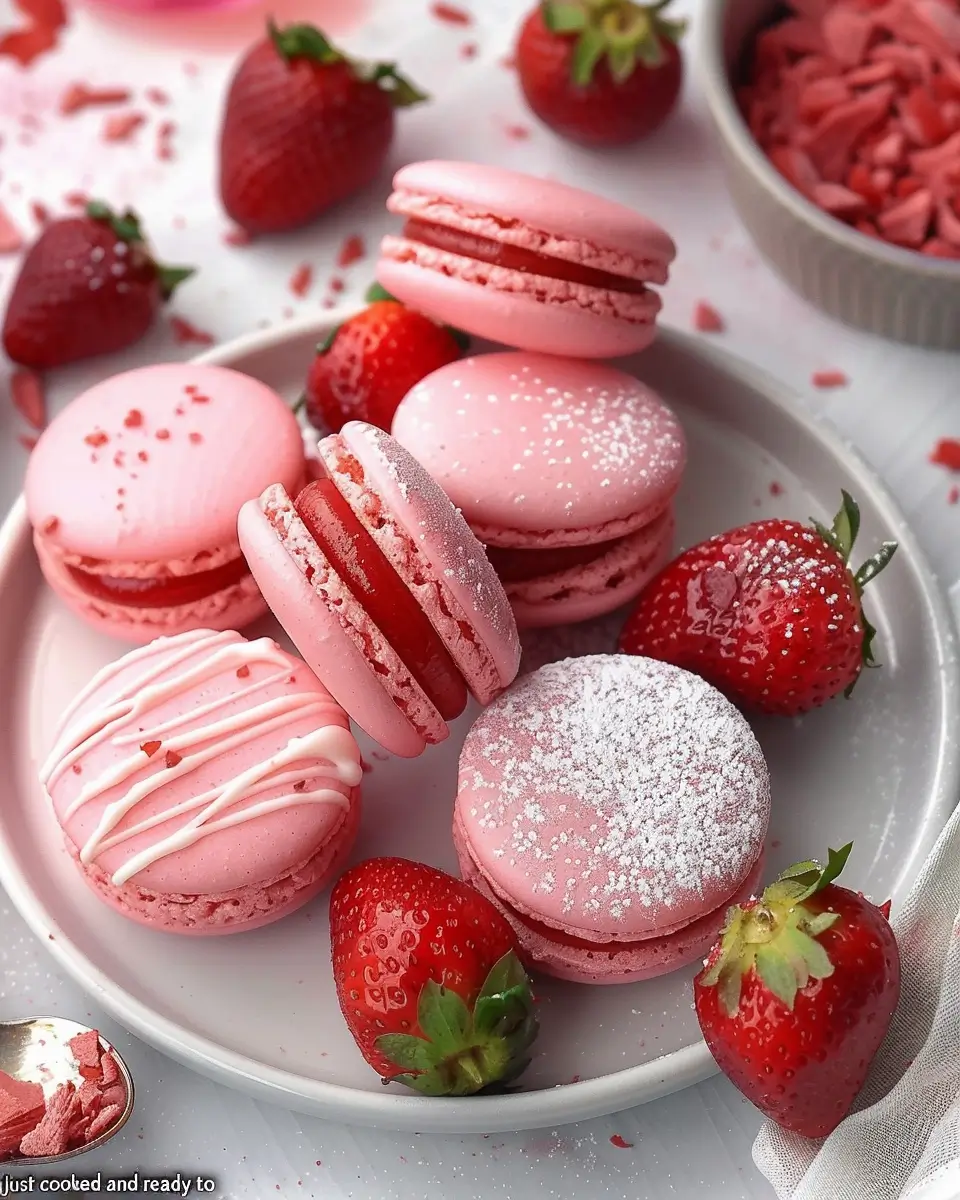 pink strawberry macarons with fresh strawberries on a white plate
