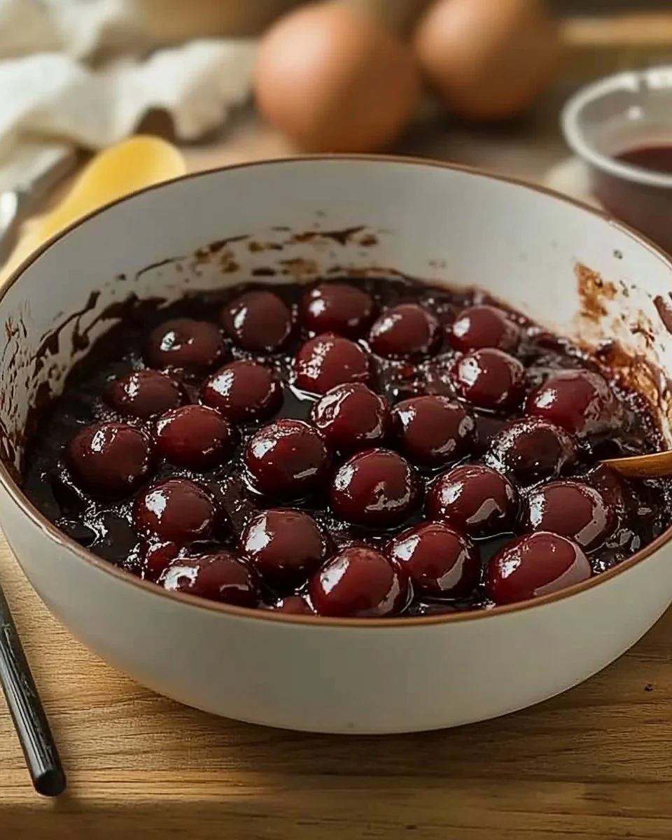 Chocolate Cherry Upside Down Cake with fresh cherries and chocolate drizzle