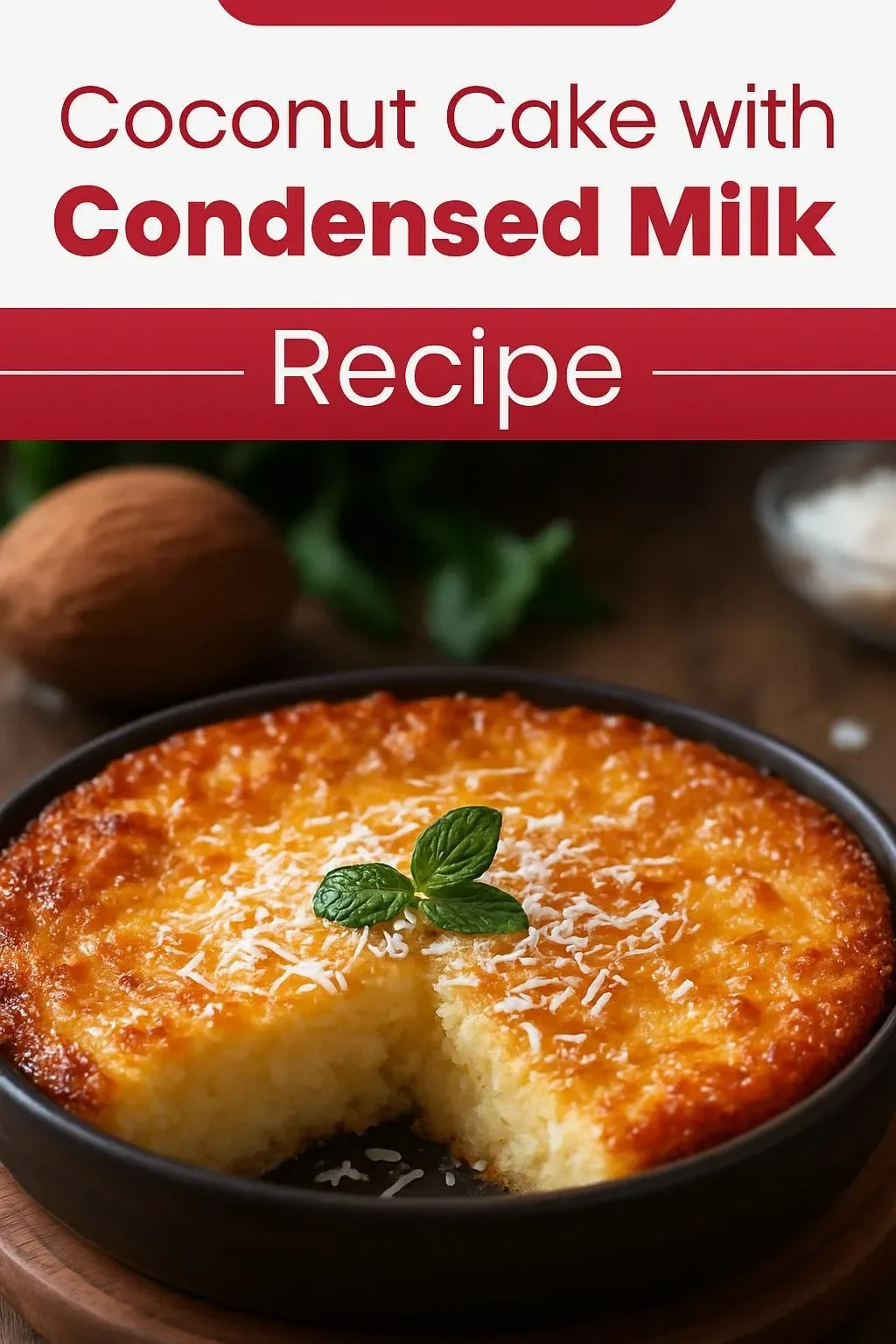 Delicious coconut cake topped with condensed milk and shredded coconut.