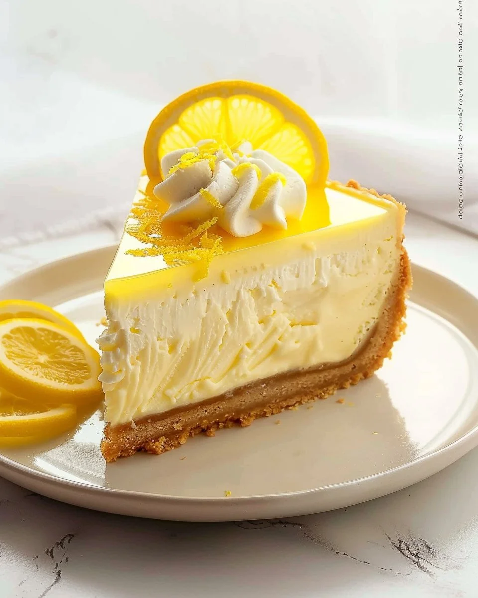 Slice of Lemon Cheesecake Delight on a plate, garnished with lemon zest.