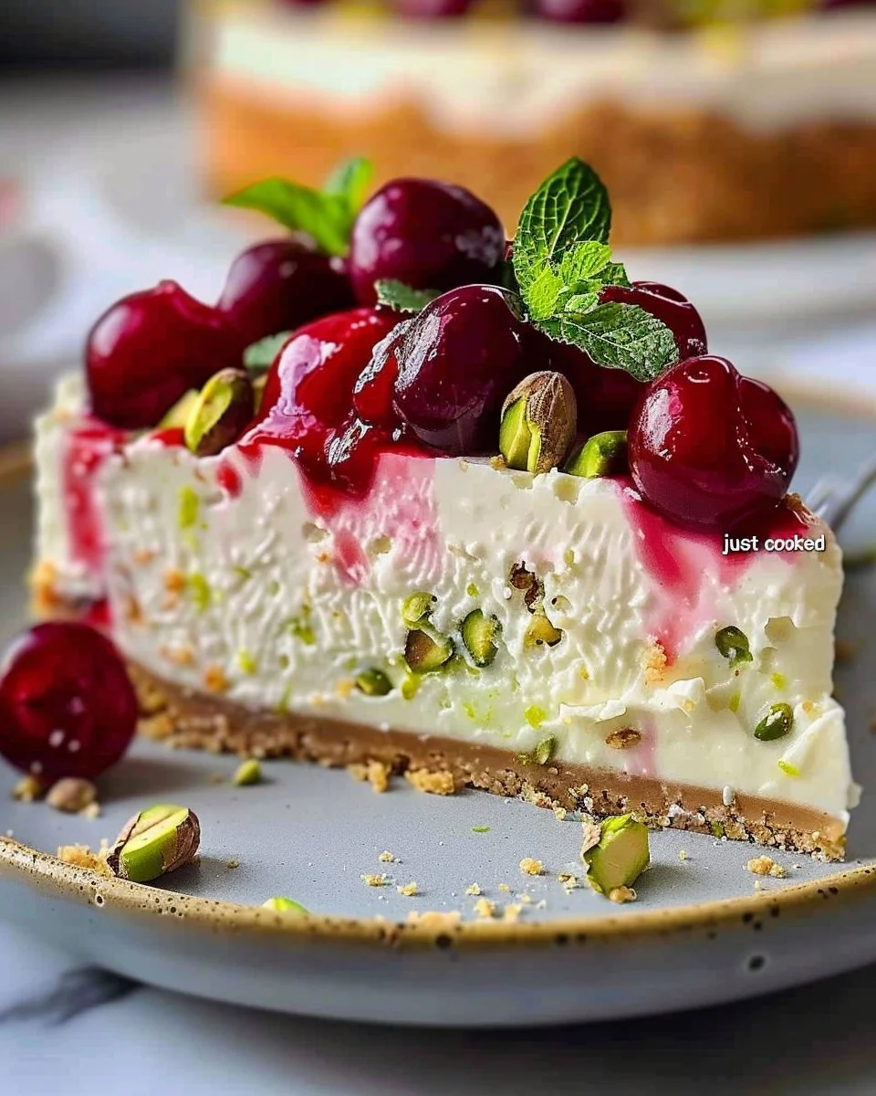 Luscious Lemon-Lime Cherry Pistachio Cheesecake topped with fresh cherries and pistachios