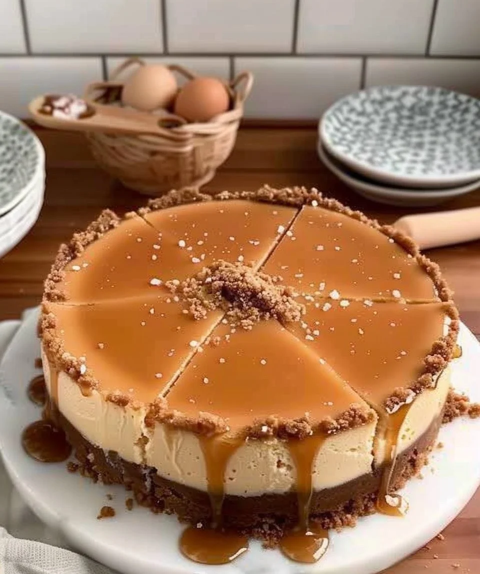Delicious salted caramel cheesecake with a luscious topping