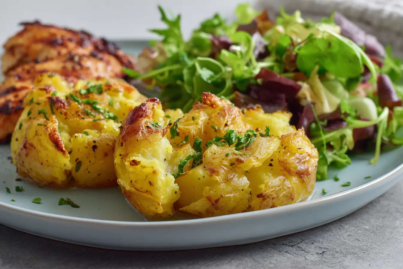  Smashed potatoes recipe served with salad and protein
