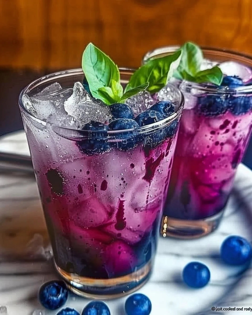 A refreshing Blueberry Basil Lemon Lavender Mocktail served in a glass with garnishes.