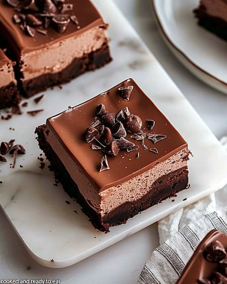 Delicious chocolate mousse brownies topped with glossy chocolate sauce