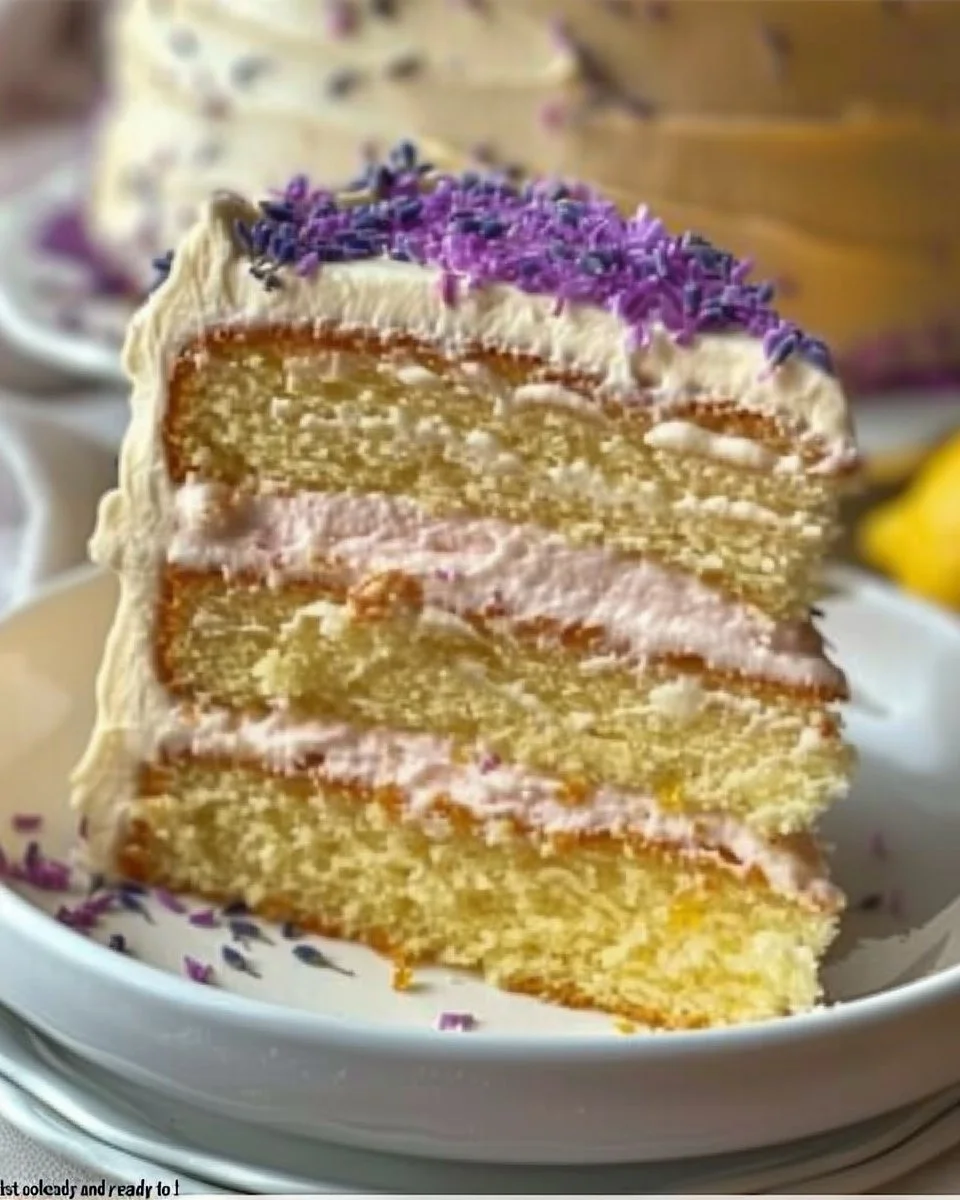 Lemon Lavender Dream Cake topped with edible flowers and lemon zest