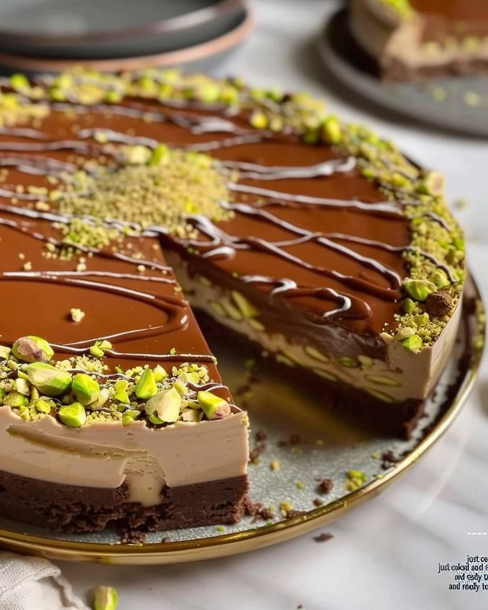 No-bake chocolate pistachio cheesecake with chocolate drizzle and pistachio nuts