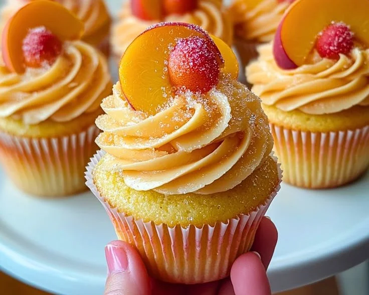 Peach Bellini cupcakes topped with peach slices and sparkling frosting