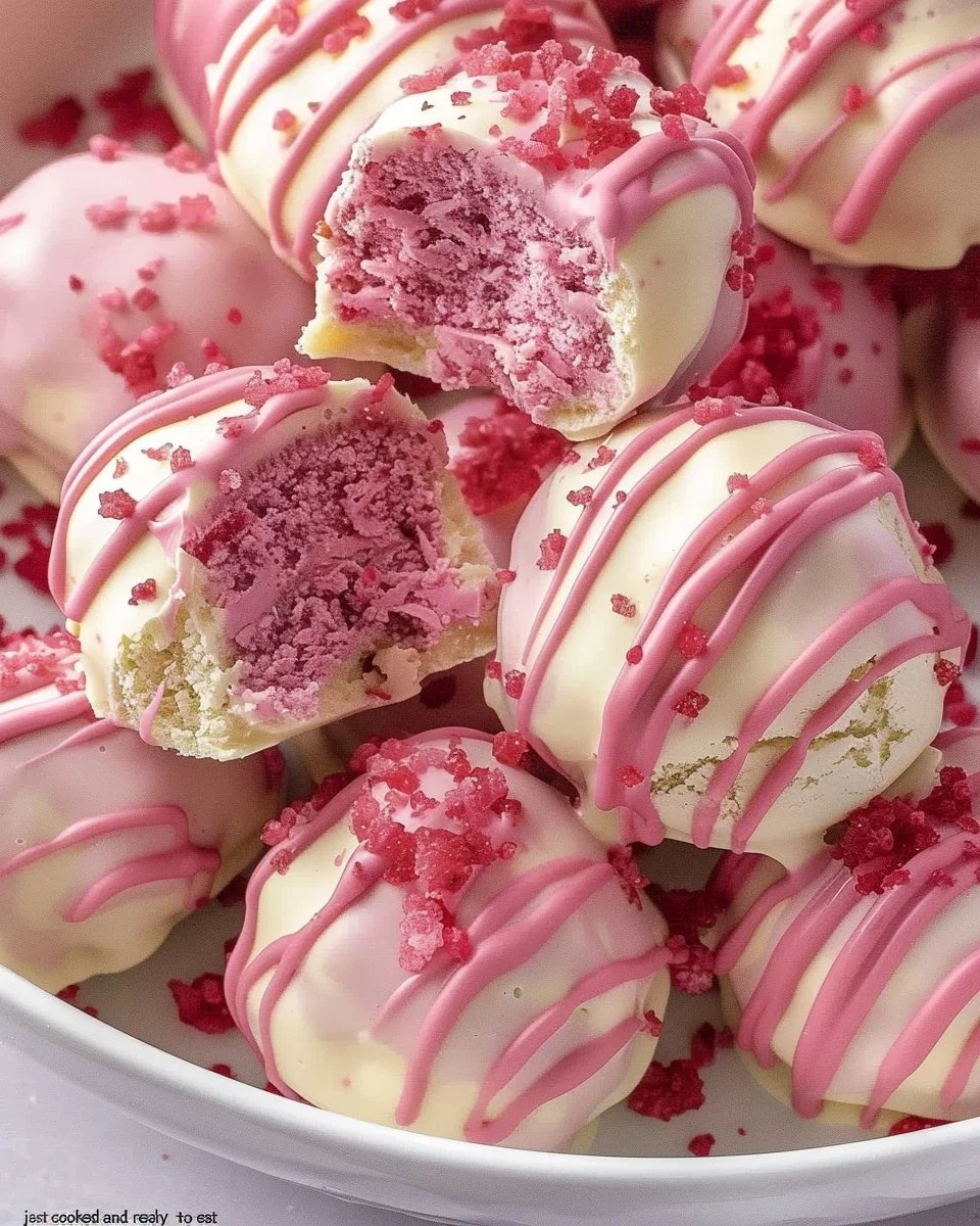 Delicious Strawberry Shortcake Truffles garnished with fresh strawberries